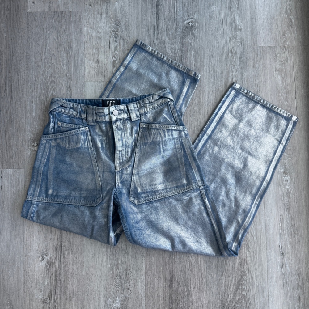 BDG Bella Metallic Wash Baggy Patch Pocket Jean - Silver / Blue
